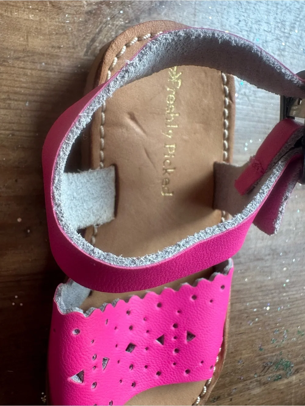 Freshly Picked Bright Pink Leather Kids Sandals with Scalloped Front